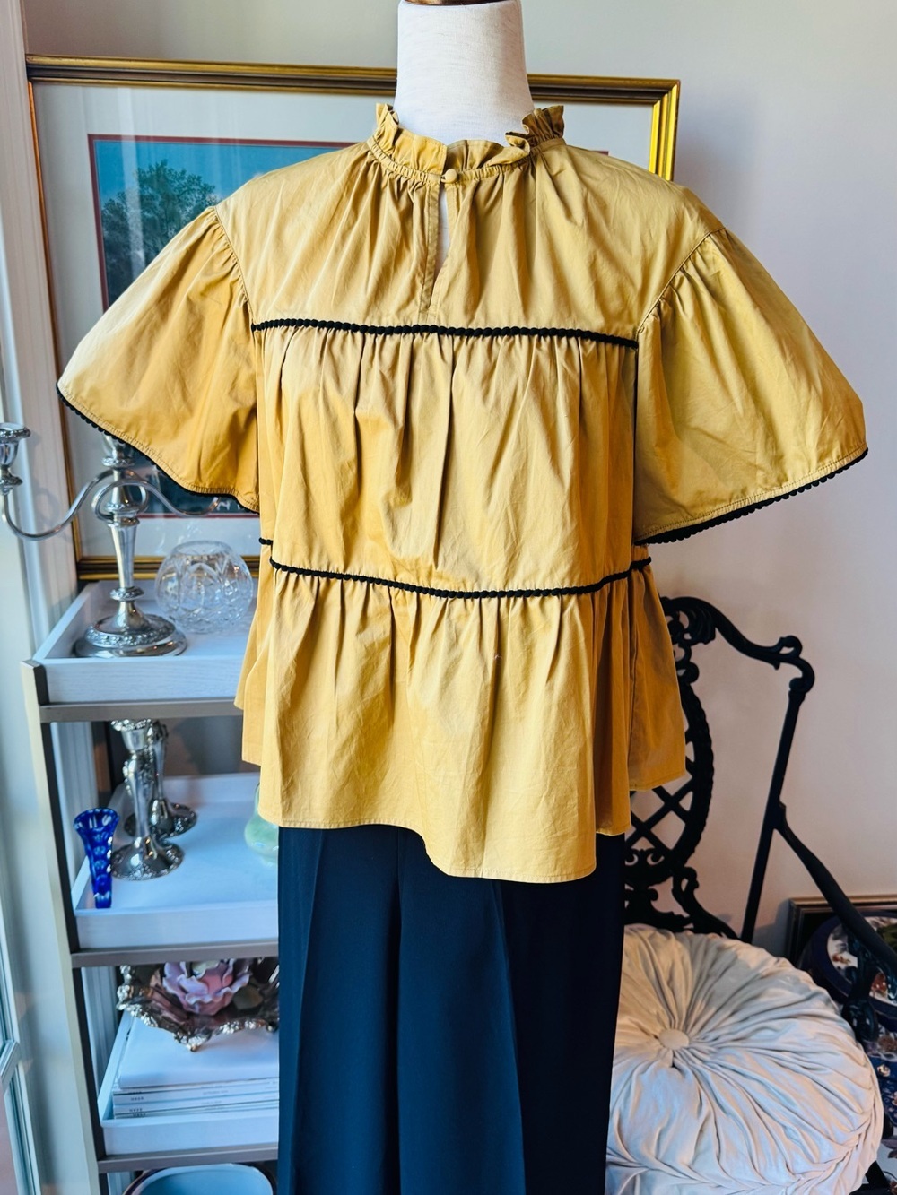 CROSBY by Mollie Burch Mustard Yellow Ruffle-Tiered Blouse with Black Trim